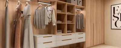 Closet planejado com araras, nichos e gaveteiro