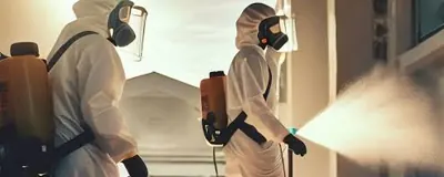Equipe aplicando dedetização em corredor comercial