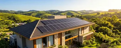 Vista aérea de residência com painéis solares no telhado