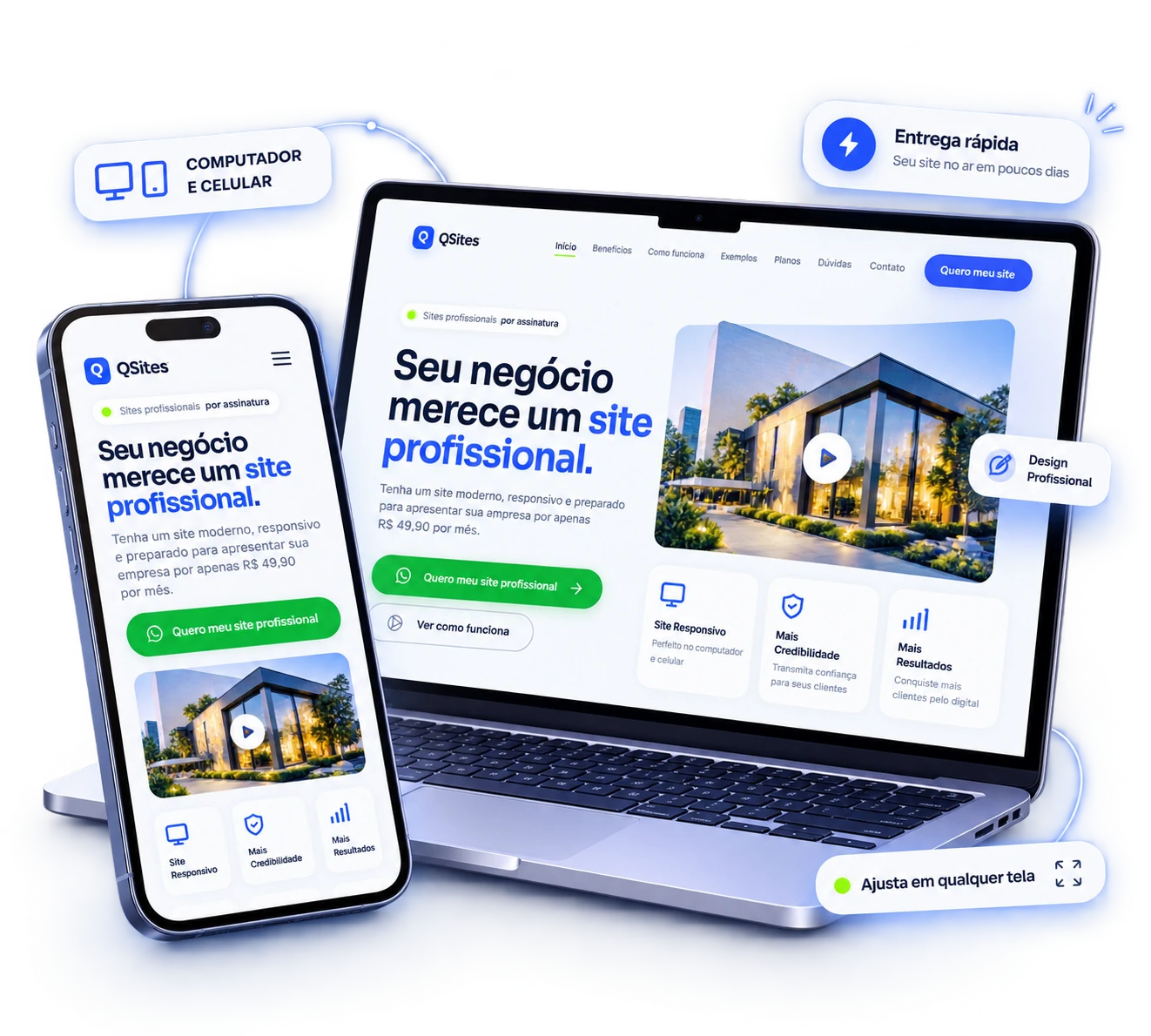Site profissional QSites exibido em computador e celular